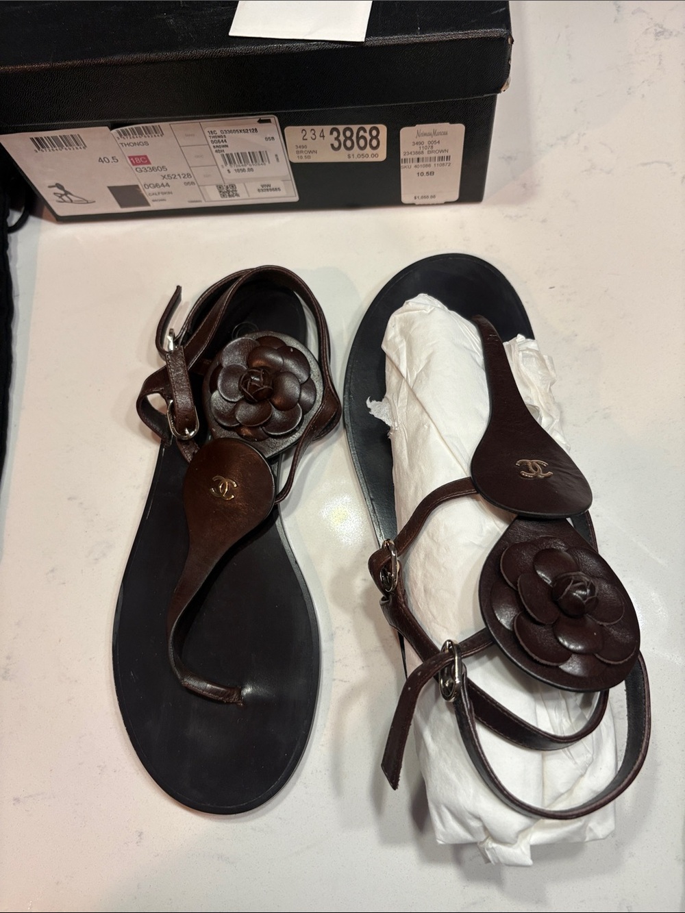 CHANEL Women’s Dark Brown Leather Camellia T-Strap Sandals - Picture 3 of 3